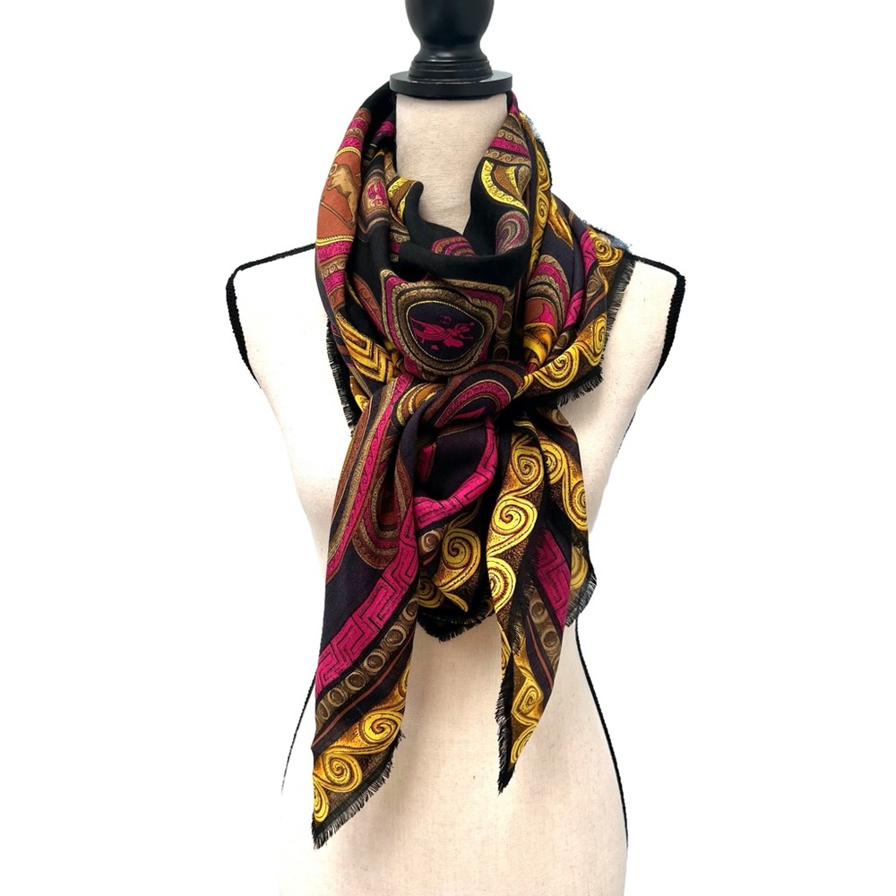 FENDI WOOL & SILK ZODIAC SIGNS IN BLUE, BLACK, PINK & GOLD FOULARD SCARF - Picture 3 of 14